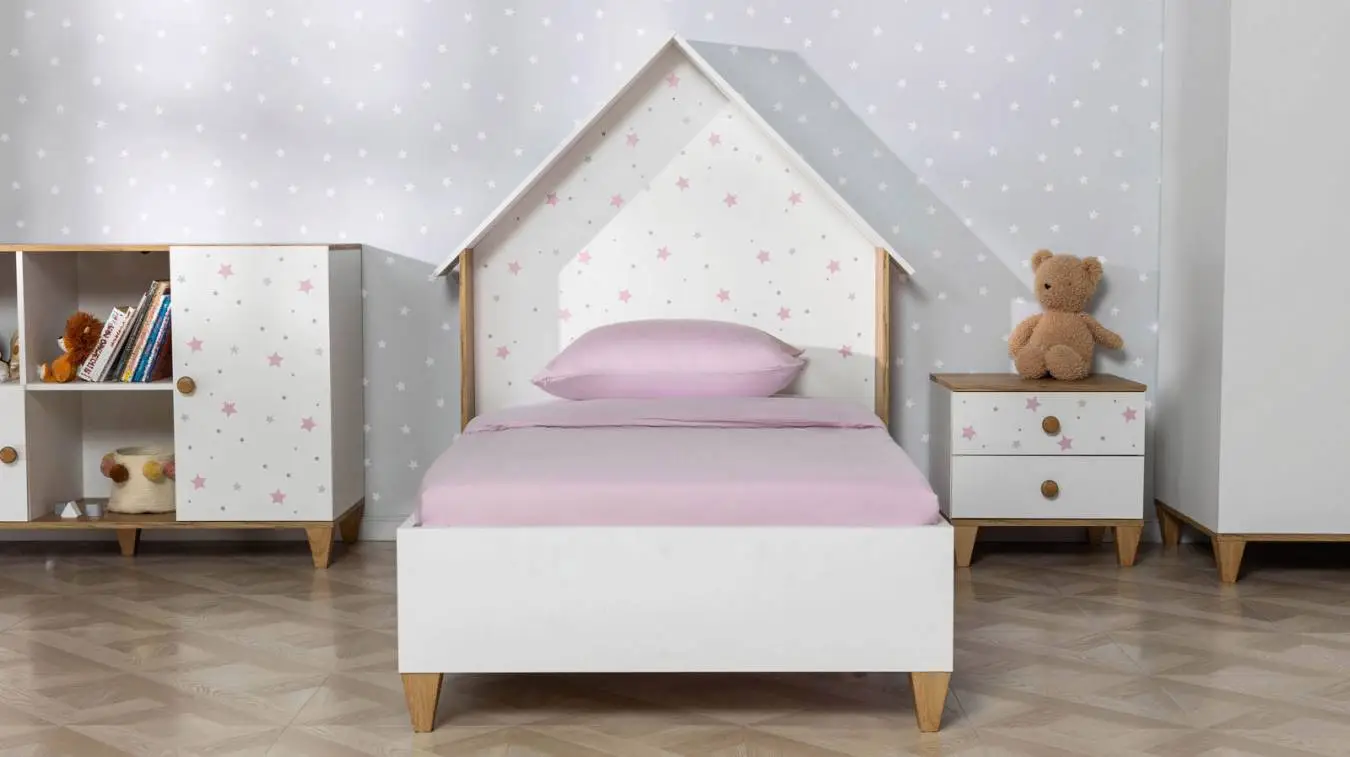 Детская кровать Nicky, цвет: Белый премиум + Дуб Натюрель + Розовый декор фото - 3 - большое изображение